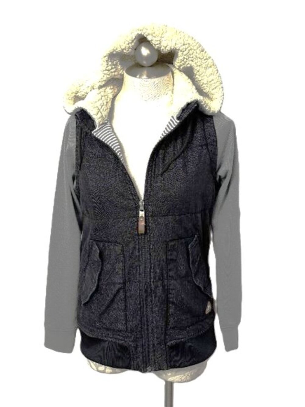 Burton Dry Ride Jacket Blk Denim Sherpa Hoodie W/ Gray Long Sleeve Size Small
